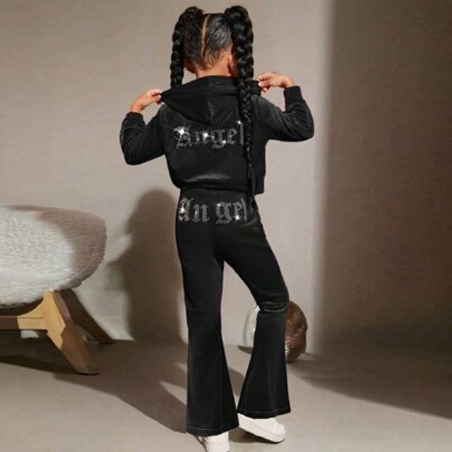 SHEIN 2pcs Tween Girl Velvet Rhinestone Zip-Up Hoodie And Skinny Flare Pants Luxury Casual Set