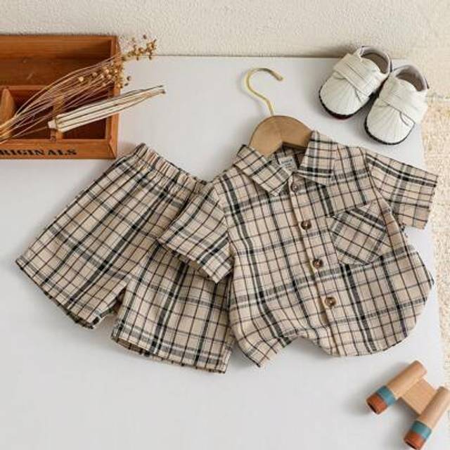 Souflis Baby Boy Vintage Brown-Black Plaid Short Sleeve Shirt And Shorts Set, Retro Minimalist Style, Suitable For And Summer