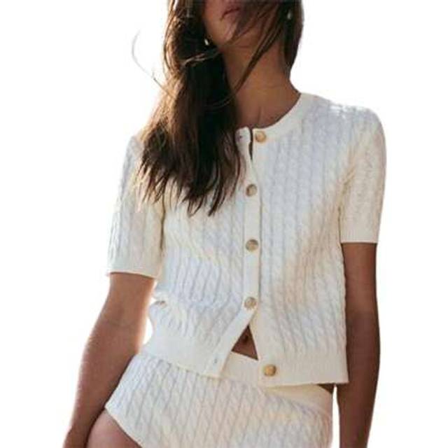 SHEIN Women&#39;s Cable Knit Cardigan Solid Color Round Neck Short Sleeve Button-Front Closure Crop Sweaters