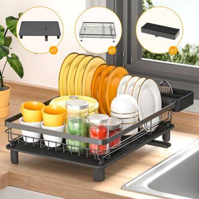 SHEIN Dish Drainer Rack,Dish Rack With Drip Tray And Spiral Nozzle,Dish Drying Rack With Removable Cutlery Holder,Sink Drainer Rack