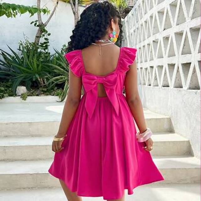 SHEIN Tween Girls&#39; Fashion Resort Pink Floral Lace Woven Solid Backless Bow Decor Dress