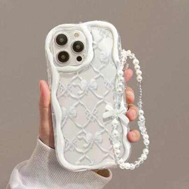 SHEIN Bowknot Cream Print Wave Edge Protective Case With Chain Compatible With Iphone 15, IPhone 14, IPhone XR / 7/8, IPhone 15 Pro Max, IPhone 13, IPhone 1
