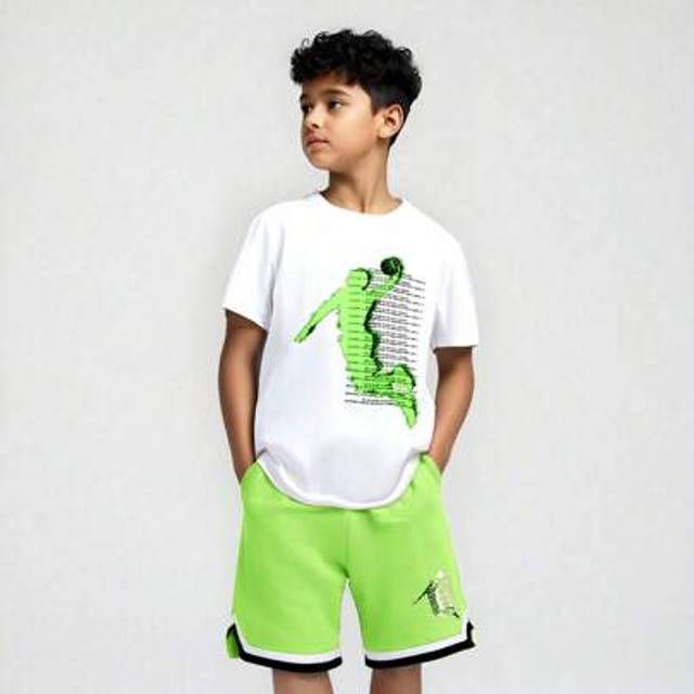 SHEIN 2pcs/Set Tween Boys Sports Casual Letter Print Round Neck Short Sleeve T-Shirt & Shorts Set, Suitable For Commute, School, Daily Casual Wear, Sportswe