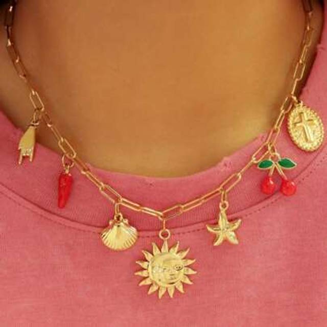 SHEIN 1Pc Charm Dopamine Cherry, Sun, Starfish, Chili, Cross, Gesture Pendant Clavicle Chain Necklace Women&#39;s Party Daily Jewelry Accessories Fashionable Je