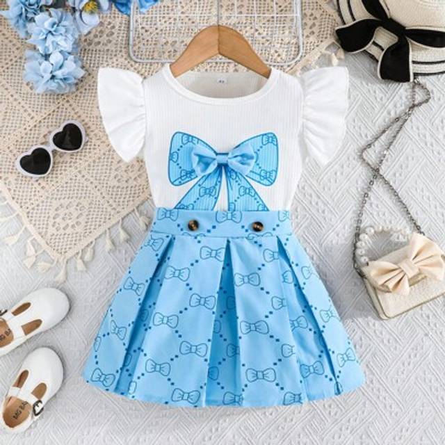 SHEIN 2pcs/Set Girl Summer Outfit: Ruffle Sleeve Top With Bow Accent & Pleated Skirt, Simple & Stylish