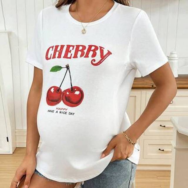 SHEIN Pregnant Women&#39;s Summer Casual Cherry Letter Print Nursing Top