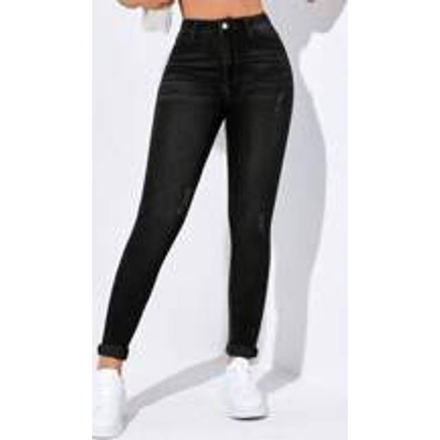 SHEIN High-Waisted Button-Embellished Skinny Stretch Distressed Y2K Jeans,Ladies Casual Pocket High Waist Skinny Long Black Curvy Skinny Women Jeans,Spring/