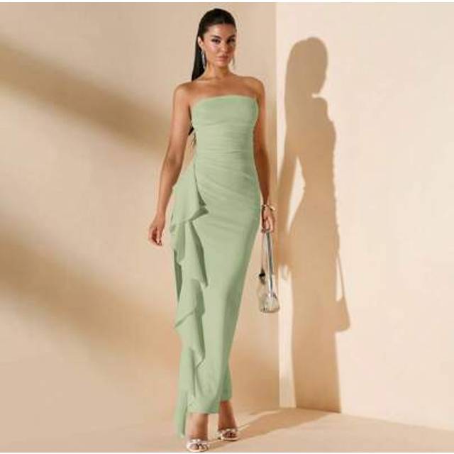 SHEIN Sleeveless Off-Shoulder Pleated High Slit Ruffle Wrap Long Dress, White, For Bridesmaids Wedding Party And Summer Occasions,Summer Dresses For Women,T