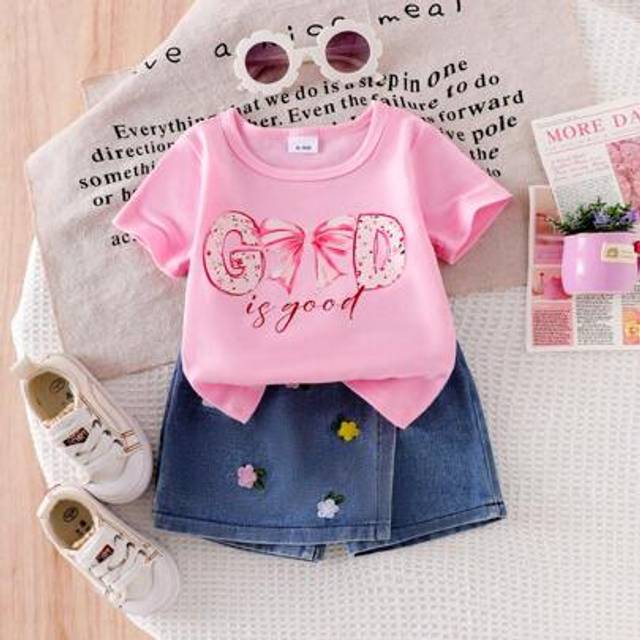 SHEIN 2pcs Baby Girl Letter Print Pink Round Neck Tee & Elastic Waist Floral Embroidered Jean Skirt Shorts 2 Pieces Set
