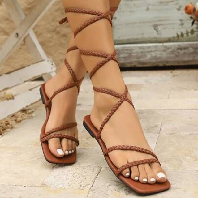 SHEIN Women&#39;s Braided Strappy Flat Roman Sandals, Boho Style