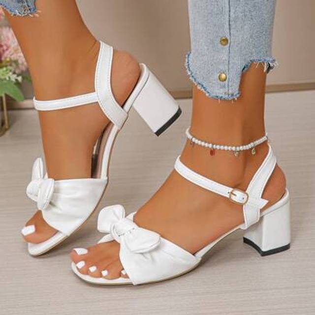 SHEIN 2025 Summer Bowknot Microfiber Strap Buckle Chunky Heel Mid-Heel Sandals For Women