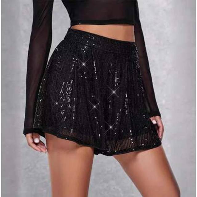 SHEIN Women Summer Hot Shorts Casual Loose Shiny Sequins Elastic Waist Short Pants For Vacation Beach Club Streetwear
