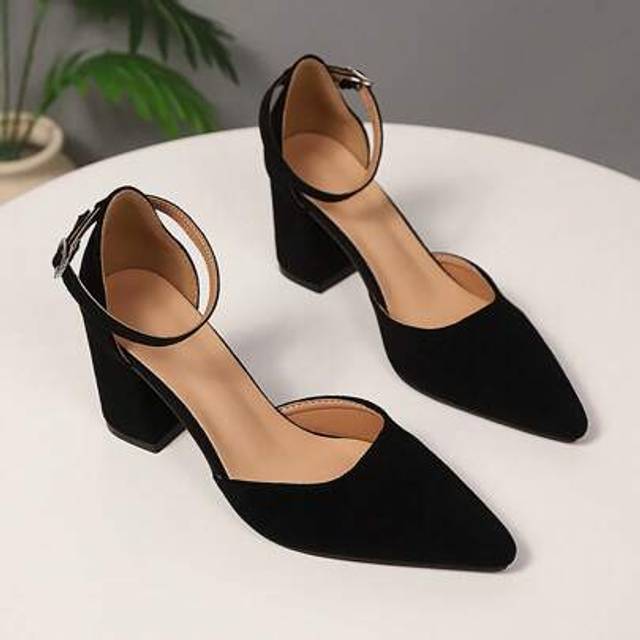 SHEIN Women&#39;s High Heel Closed Toe Sandals, Fairy Style New Spring Office Work Shoes, Pointed Toe Strap Buckle Chunky Heels Mid-Heels Suede Slip-On Pumps, S