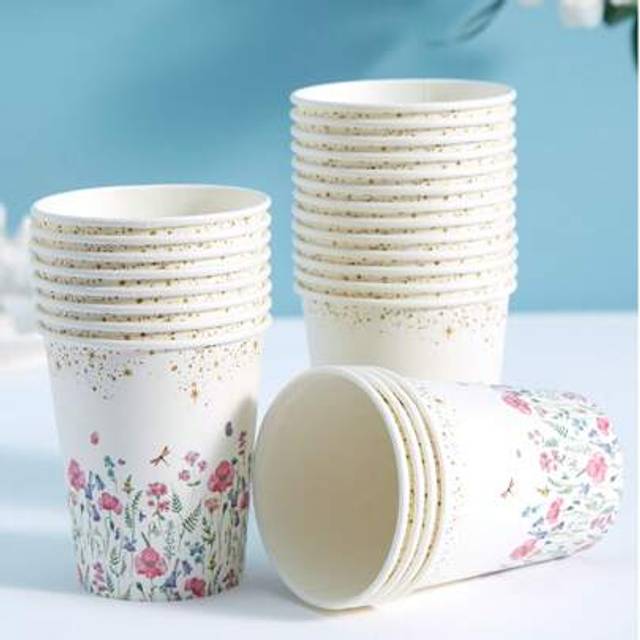 SHEIN 10/25pcs, 9 Oz White Flower Paper Cups, White Background Floral Garden Party Cups, Disposable Paper Cups With Colorful Flowers For Parties, Weddings,