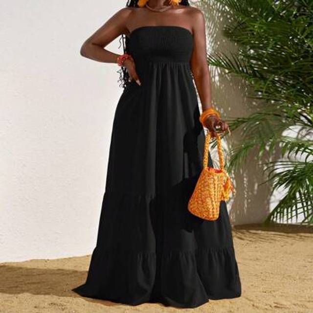 Slaydiva Women&#39;s Solid Color Shirred Bandeau Flounce Hem Resort Long Dress, Summer Summer Dresses For Women,Sun Dresses For Women