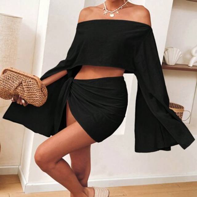 SHEIN Casual Solid Woven Off-Shoulder Cropped Top & A-Line Skirt 2 Pieces Set For Women