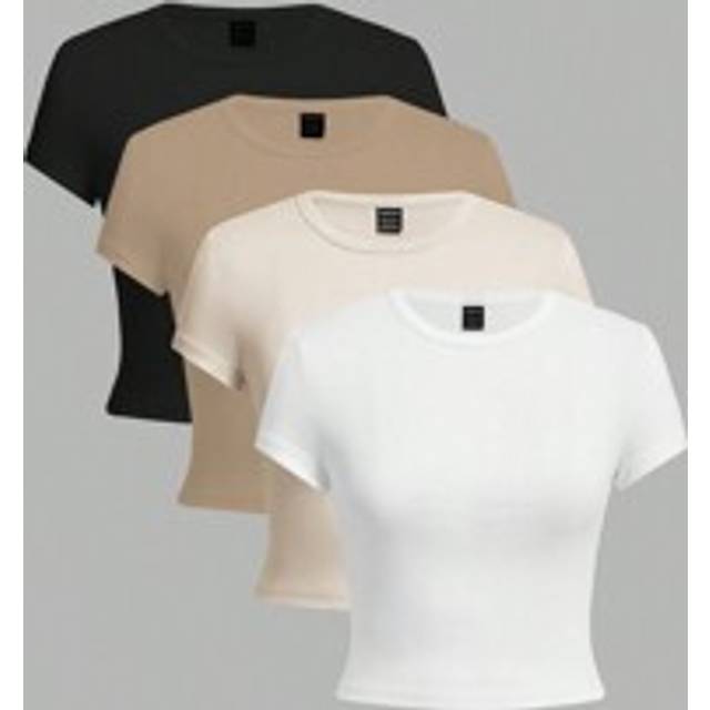SHEIN 4pcs/Set Solid Color Round Neck Short Sleeve Fitted Women T-Shirts, Versatile For Summer