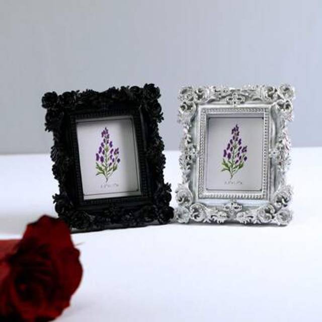 SHEIN Ornate Vintage Baroque Textured Resin Gypsum Mini Photo Frame 3.5 Inch (Elegant Silver/Modern Black) - Non-Plastic Desk/Nightstand Decor & Wedding Fav
