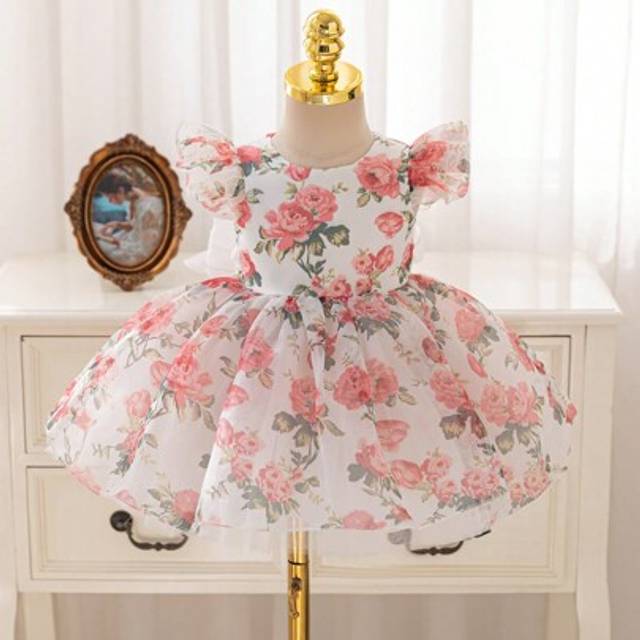 SHEIN Baby Girl Rose Print Organza Tulle Cap Sleeve Satin Puff Dress, For Wedding, Flower Girl, Party,Easter
