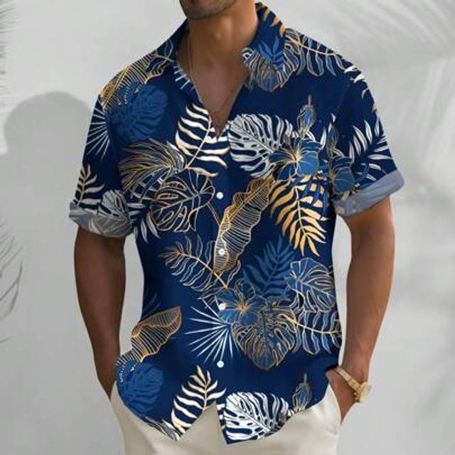 SHEIN Hawaiian Tropical Flower & Plant 3D Print Plus Size Men&#39;s Button Pocket Short Sleeve Shirt