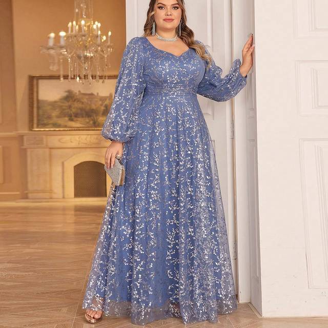SHEIN Plus Size Floral Print Sweetheart Neckline Lantern Sleeve Evening Dress Elegant Long Sleeve Formal Prom Wedding Guest Gown, For Graduation, Dinner Par