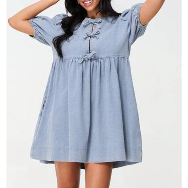 SHEIN Women Tie Front Denim Mini Dress Button Down Casual Summer Cap Sleeve Loose Belted Round Neck Puff Sleeve A-Line Mini Jean Dress With Pockets