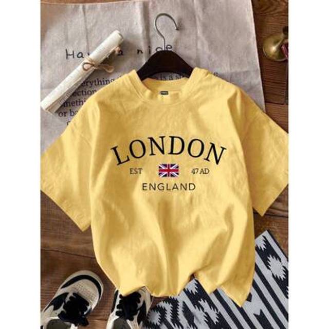 SHEIN Casual Loose Crew Neck London English Graphic Short Sleeve Women T-Shirt, Suitable For Summer Back To School