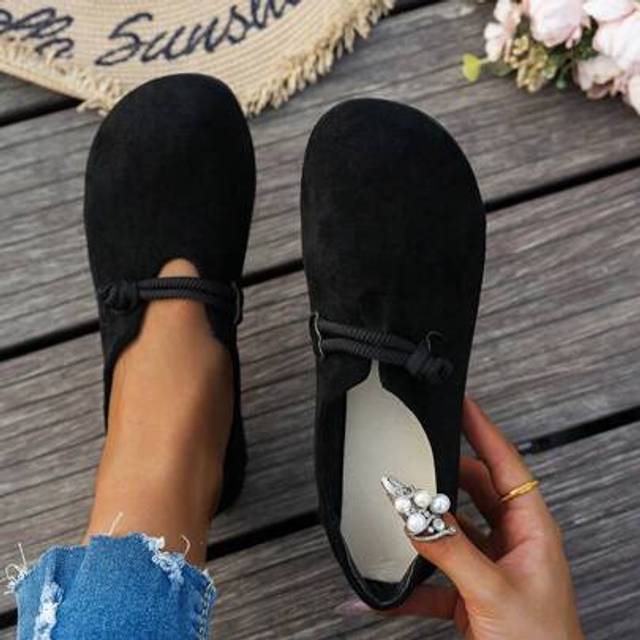 SHEIN Women&#39;s Black Round Toe Suede Low Vamp Comfortable Soft Bottom Versatile Flat Loafers, Simple Casual Office Wear, Slip-On Big Size Boat Shoes, Outdoor