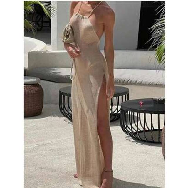 SHEIN Women&#39;s Summer Boho Beach Sexy Glitter Solid Color Knit Backless High Split Bodycon Halter Dress, Suitable For Music Festivals, Coachella Parties, Coo