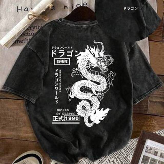 SHEIN Cotton &#34;Creative Chinese Loong&#34; Pattern Letter Printed T-Shirt Summer Women&#39;s Funny T-Shirt Short Sleeve Top Print Regular Loose Fashion Wash Used T-S