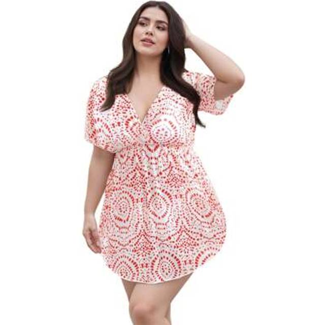 SHEIN Women&#39;s Beach Cover Up Dress Short Sleeve Pattern Print V Neck Plus Size Bikini Cover Up
