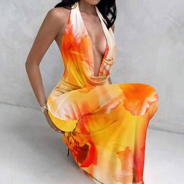 Aloruh Aloruh Orange Hibiscus Flower Full Print V Neck Women&#39;s Casual Seaside Holiday Music Festival Dress For Summer Summer Dresses For Women
