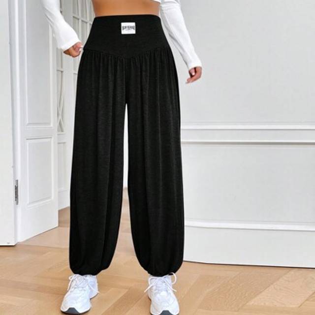 SHEIN Spring Letter Patched Gathering Tummy Control Grey Loose Bound Feet Lantern Sweatpants