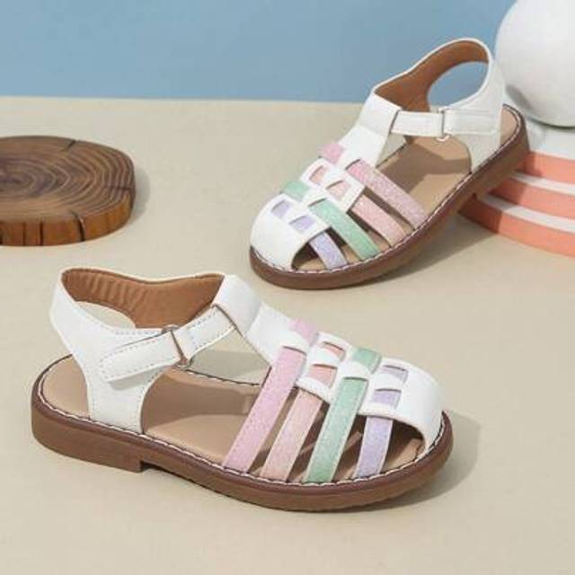 SHEIN New Summer Kids Fashion Cute Princess Woven Closed Toe Sandals, Vintage Breathable Versatile