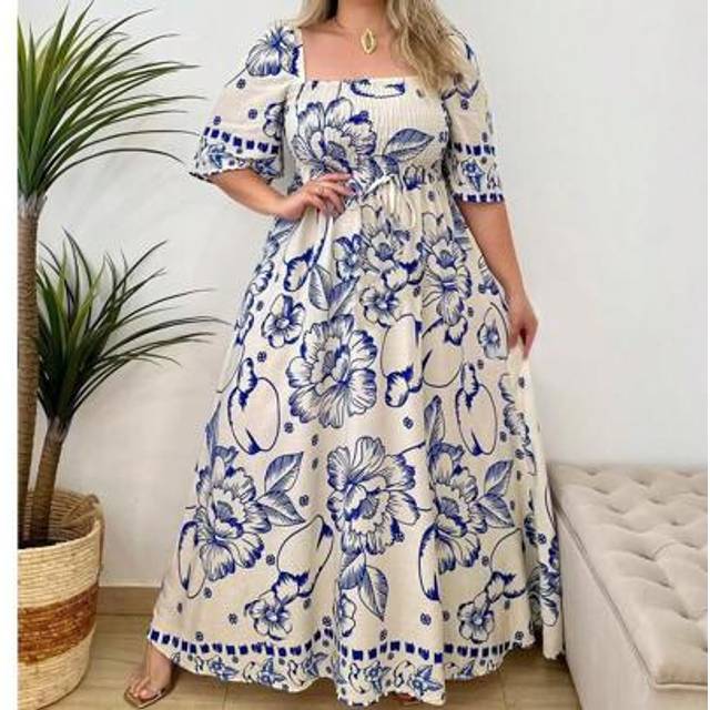 SHEIN Plus Size Women Summer Linen Boho Floral Print Square Maxi Dress