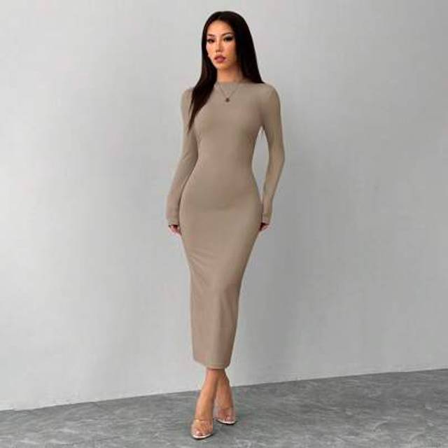 SHEIN Solid Color Pleated Waist Black Long Sleeve Dress,Business Casual Woman