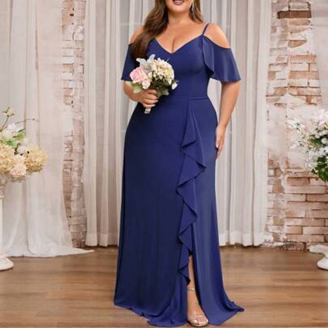 SHEIN Women Plus Size Off The Should Ruffle Split Thigh Bridesmaid Dress Elegant Wedding Guest Dress