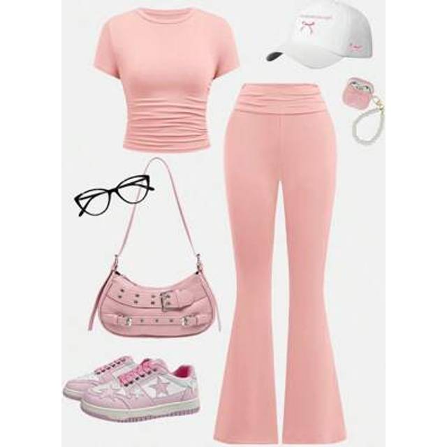SHEIN Teen Girls&#39; Solid Color Casual Matching Sets, Ruffled T-Shirt And Flared Leg Pants