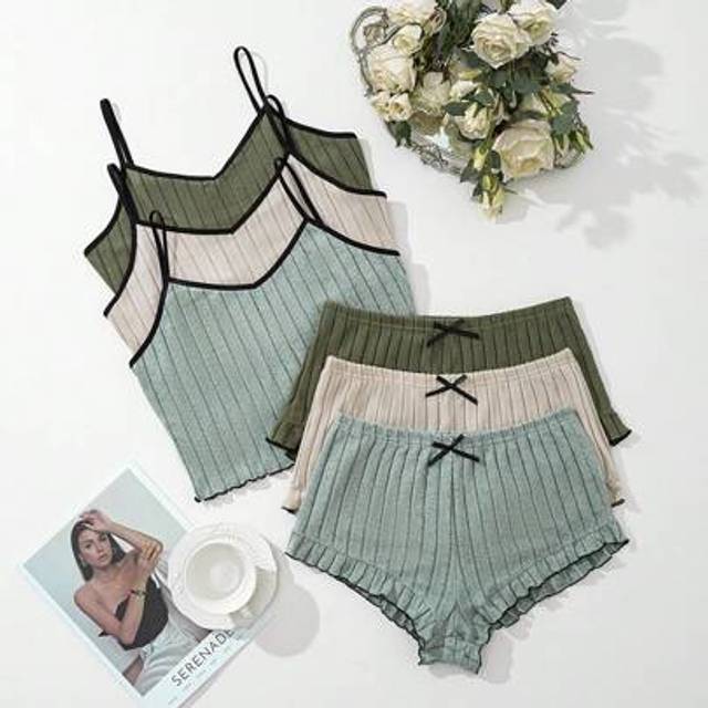 SHEIN 3 Sets In Solid Color Knitted Ribbed Fitted Cami Top & Shorts Pajama Set, Multi-Color Combination, Lounge Outfit
