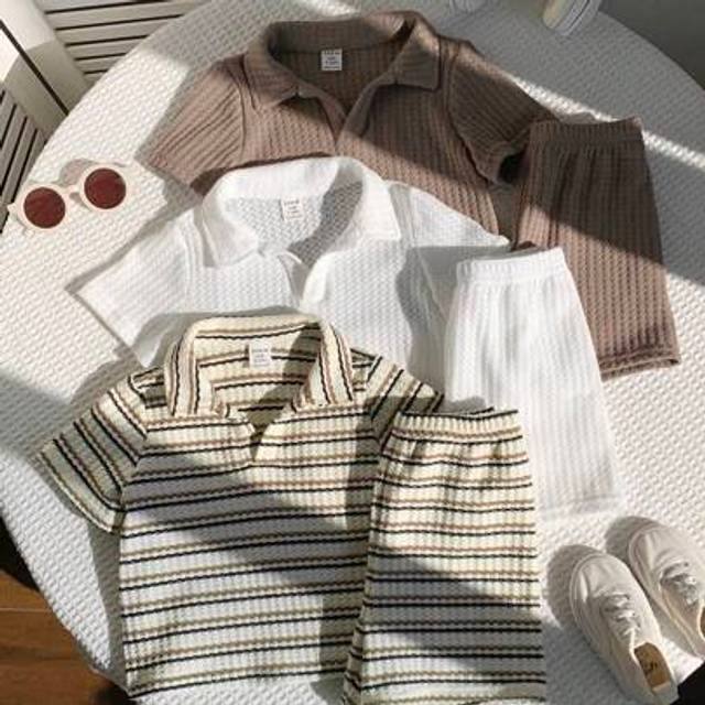 SHEIN 6pcs Baby Boy Summer Casual College Style Striped Polo Collar Tops And Shorts Set, Suitable For Birthday Party, Evening Party, Performance, Wedding, M
