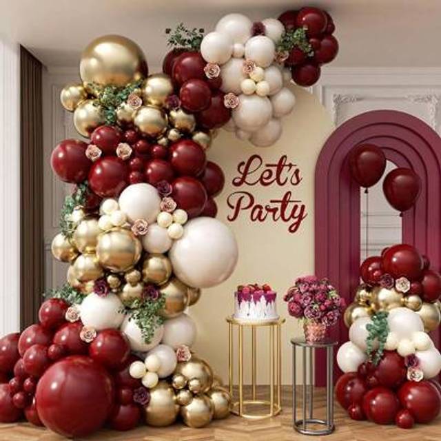 SHEIN 131pcsBurgundy Balloon Garland Arch Kit,Maroon Balloons, With Burgundy Maroon Sand White Metallic Gold Nude Balloons For Maroon And Gold Graduation Br
