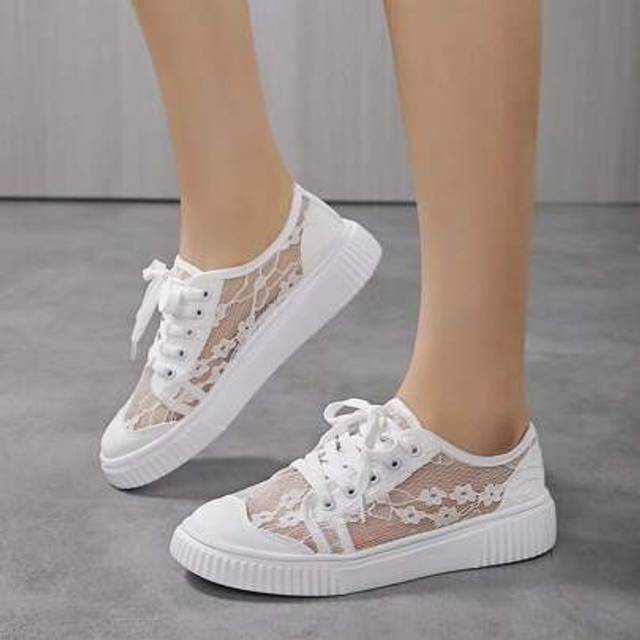 SHEIN Women&#39;s White Lace Mesh Casual, Lightweight And Comfortable Sneakers, Suitable For Office Commute And Walking