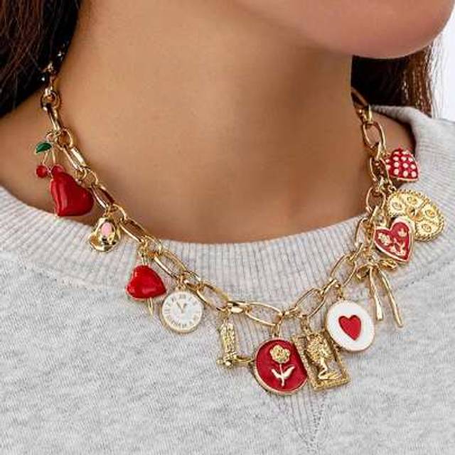 SHEIN 1pc Red Drip Oil Heart Shape Cherry Bow Decor Multi Pendant Necklace, & Fun Jewelry Valentines