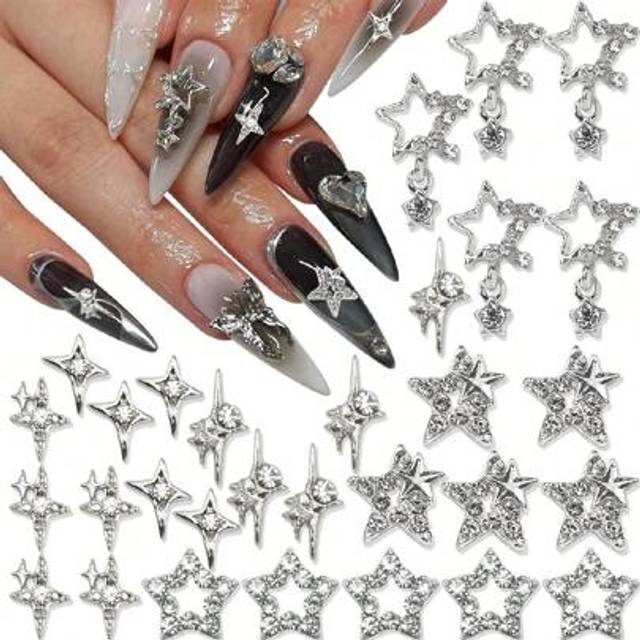 SHEIN 30PCS Silver Star Nail Charms Shiny 3D Stars Nail Gems Starlight Nail Jewelry Y2K Charms For Acrylic Nails Decoration Met