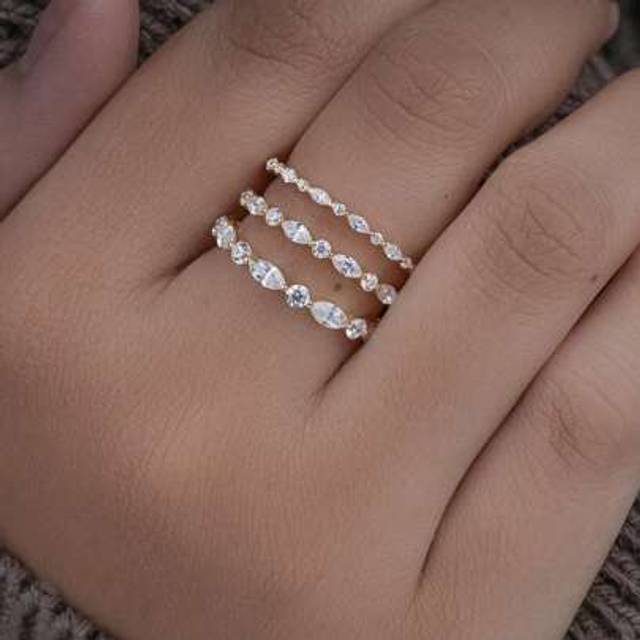 SHEIN 1 PC 2 MM Marquise And Round Cut Wedding Band Half Eternity Band Half Circle Of Diamond Stackable Band Single Prong Wedding Band