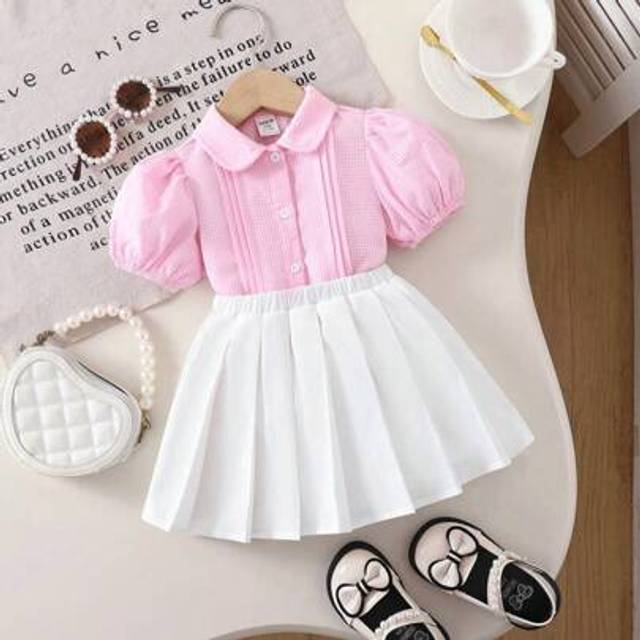 SHEIN Babygirl Cute School Style Pink And White Plaid Collar Shirt With Elastic Waist Pleated Skirt Set