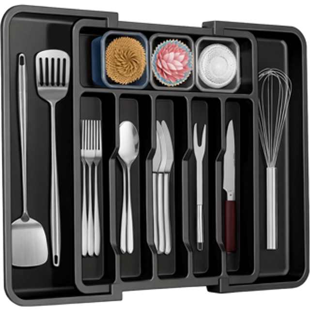 SHEIN Black Plastic Cutlery Drawer Organiser Extendable Adjustable Utensil Tray Home Home Kitchen Insert Storage Rack 38*57*5cm