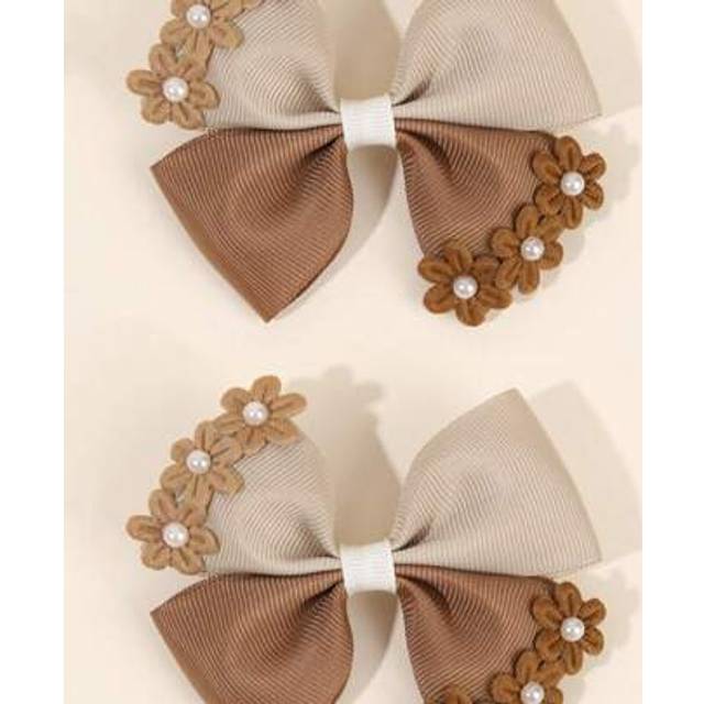 SHEIN 2pcs Light Brown Color Bow Hair Clips For Girls Flower Decor Alligator Clips Grosgrain Ribbon Bowknot Hairpins Casual Fashion Hair Accessories For Dai