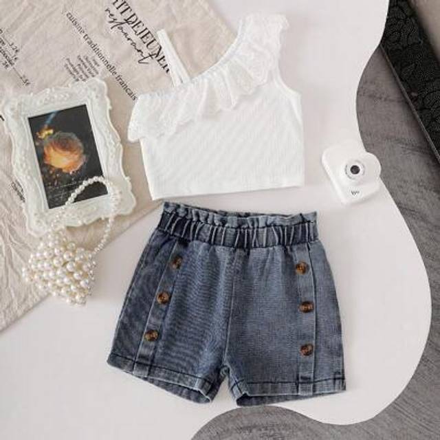 SHEIN Baby Girls 2 Pieces Set 2025: Sleeveless Ruffled Crop Top + Denim Shorts, Summer&#39;