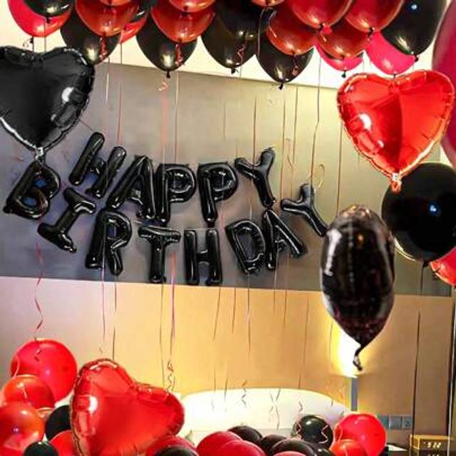 SHEIN 42pcs/Set 16-Inch Black &#34;Happy Birthday&#34; Letter Foil Balloons, Including Black & Red Latex Balloons & Heart Foil Balloons, English Letter Decoration F